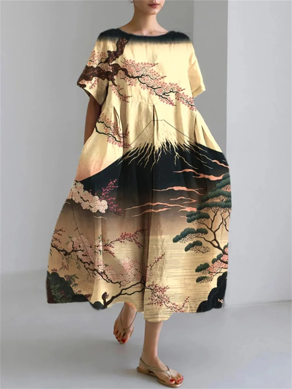 Sakura Mount Fuji Print Loose Short Sleeved Long Skirt For Women's Fashionable And Versatile Casual Dress Dress