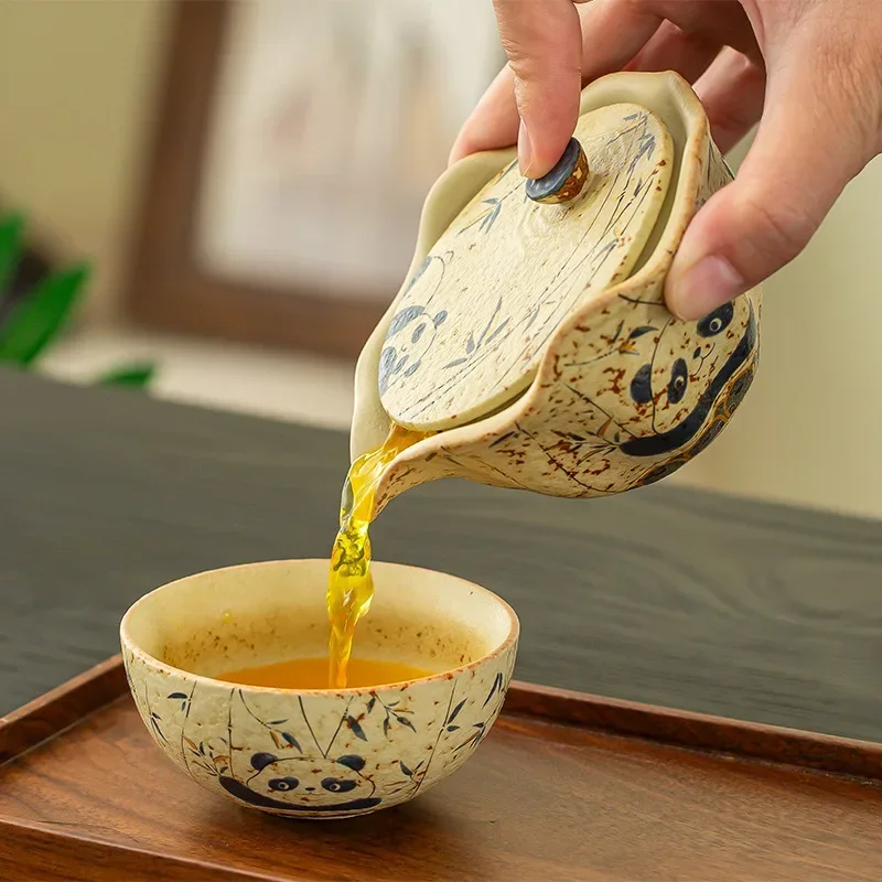 Panda Playing Bamboo Ceramic Luxury Retro Gaiwan Travel Tea Set One Pot Three Cups Portable Outdoor Camping Tea Tool Set Gift