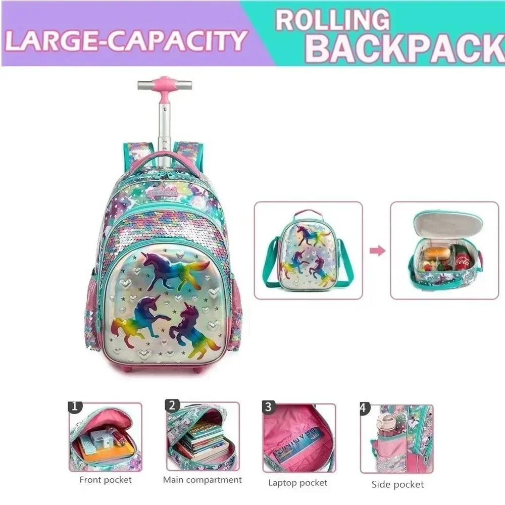 Children\'s School Backpack with Wheels School Bag for Elementary Student Girls Sequin Backpack Travel Luggage Trolley Bags