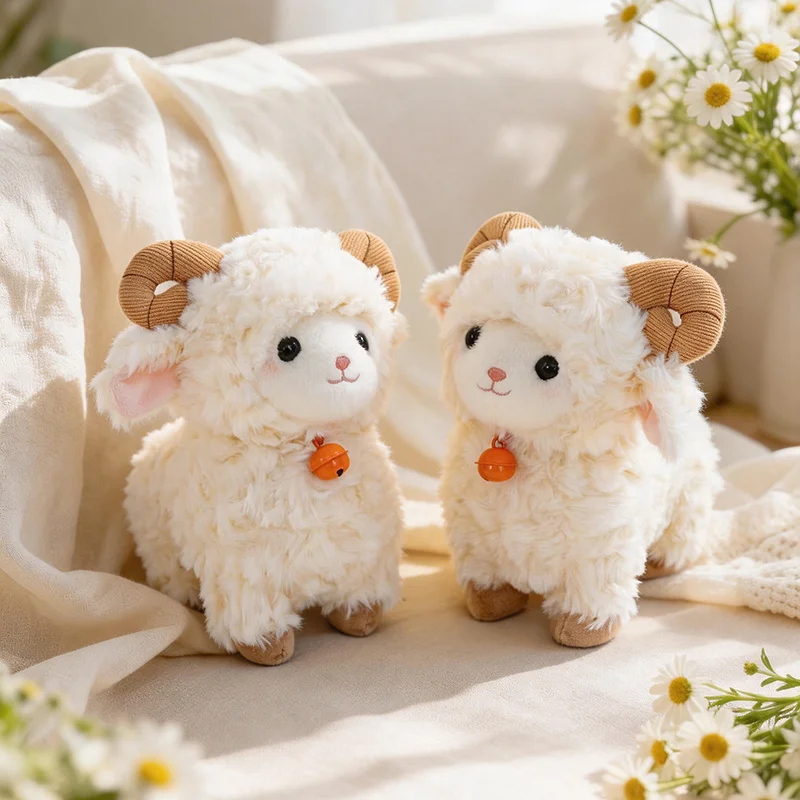White Sheep Plush Toy, Soft Fluffy Lamb Doll with Bell, Kawaii Animal Plushie, Kids Cuddle Pillow, Birthday Gift for Girls Boys