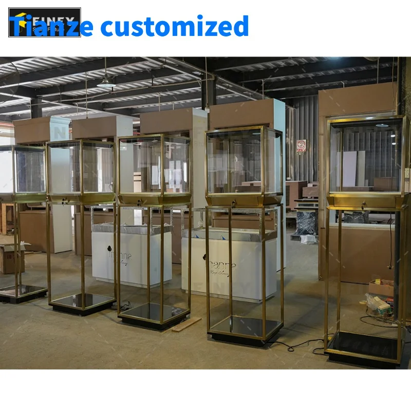 

（customized）Stainless Steel Luxury Jewelry Stores Design Custom Jewelry Display Lockable Rectangle Glass Display Cabinet with Li