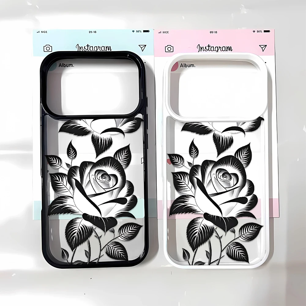 Black White Rose Elegant Phone Case Vintage Texture Button Cover Raised Edge for iPhone 16 12 11 14 15 Plus Max 13 Pro 17 Air