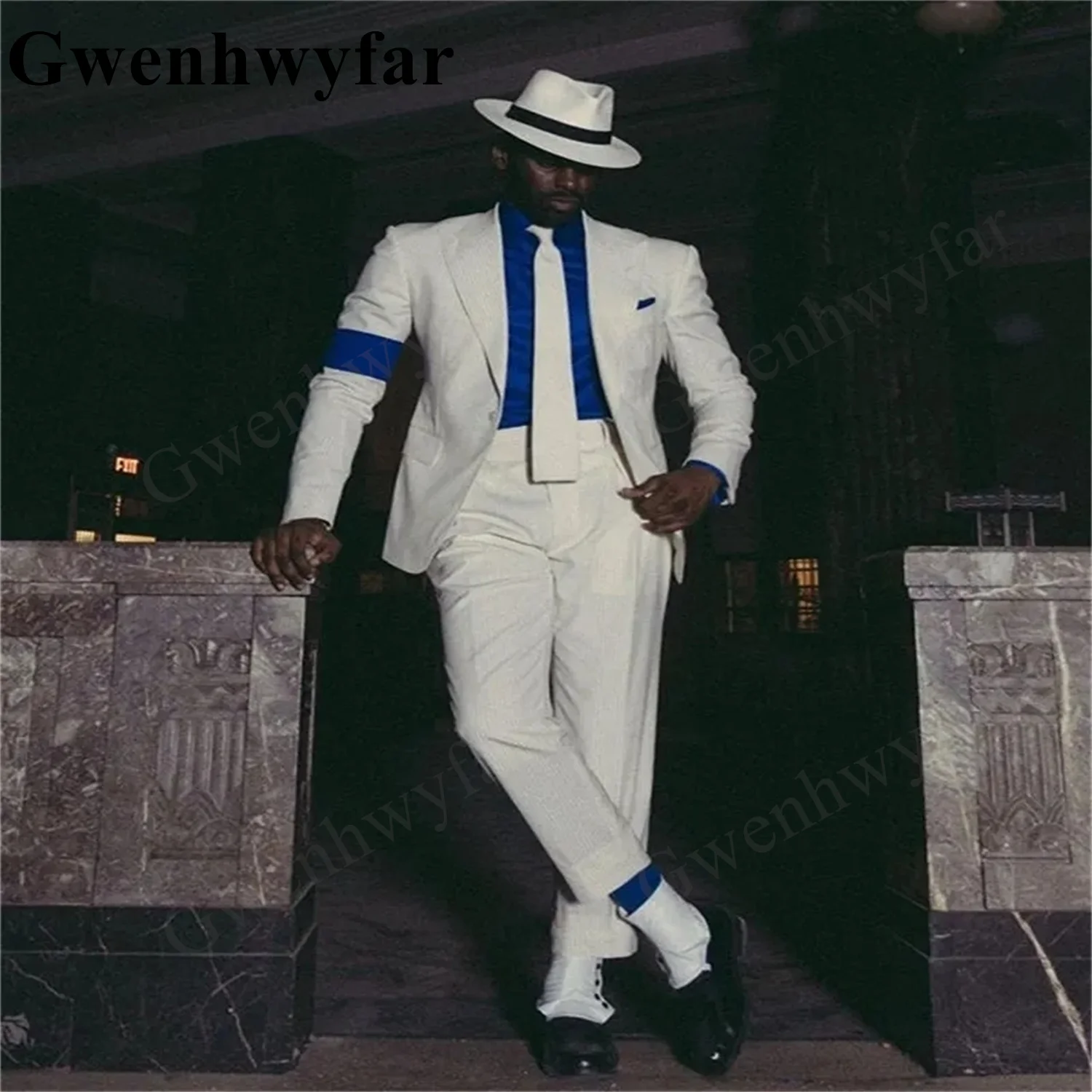 

Gwenhwyfar White Men's Suits Tailored 2 Pieces Blazer Pants One Button Wide Peaked Lapel Wedding Formal Custom Made Plus Size