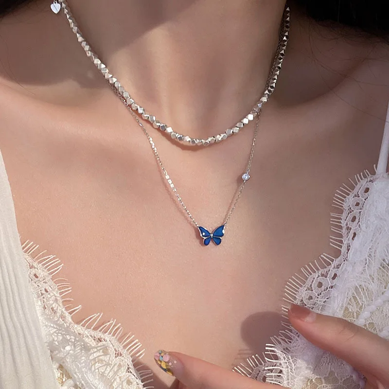 925 Sterling Silver Blue Butterfly Pendant Necklace Exquisite And Elegant Clavicle Chain Perfect Birthday Gift Fashion Jewelry