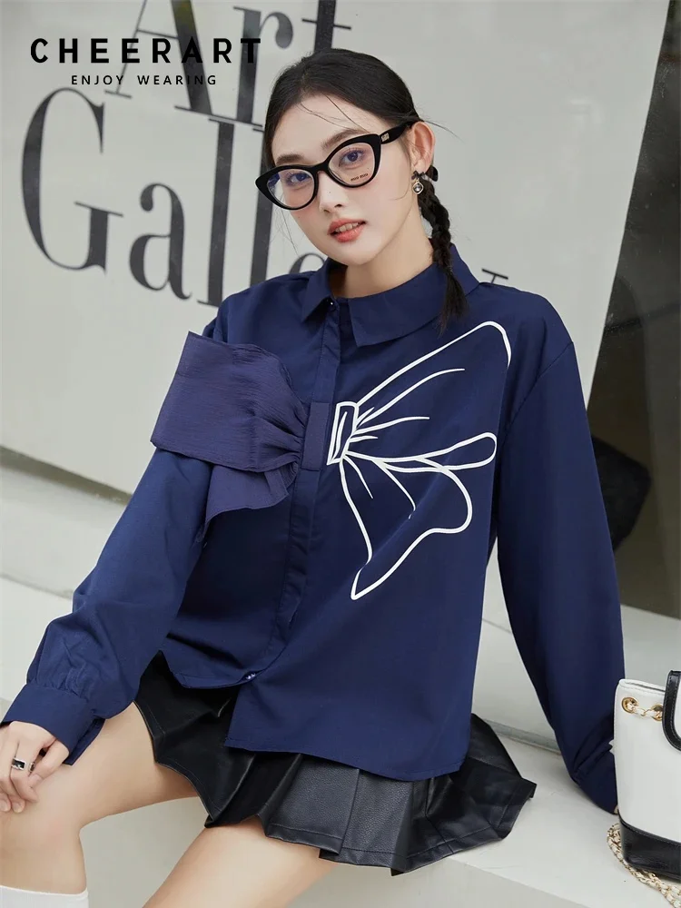 CHEERART Bow Blue Long Sleeve Kawaii Shirt For Women Korean Fashion Cute Peter Pan Collar Blouse Japanese Kawaii Clothing