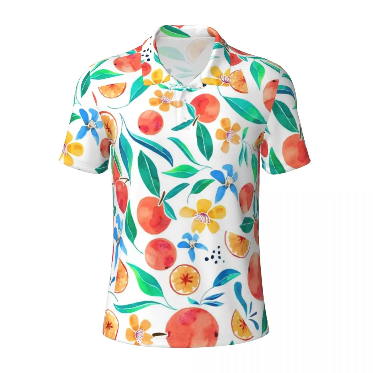 Camisetas informales de naranjas de acuarela, Polos con estampado de hojas y flores, camisa elegante con cuello, diseño de verano para hombre, ropa de talla grande