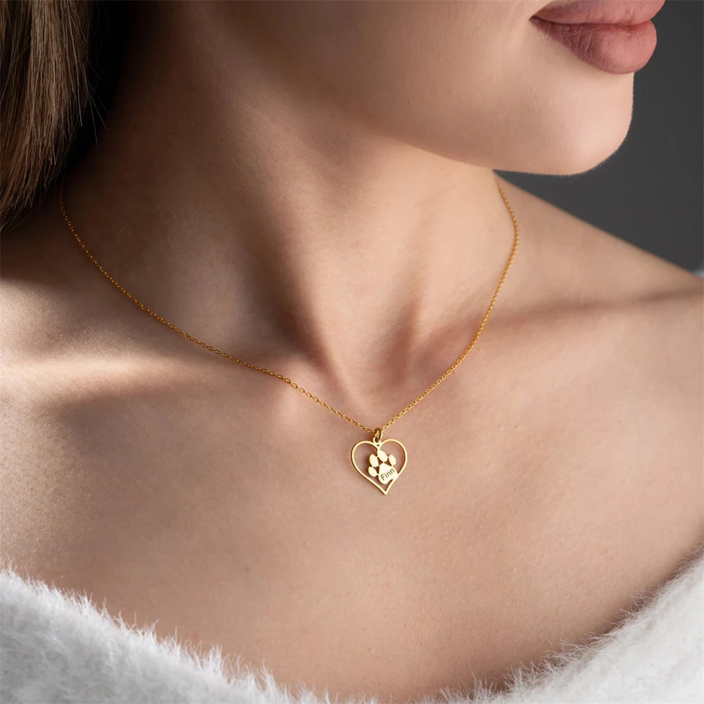 Dog Cat Paw Print Necklace Custom Jewelry Engraved Pet Name Love Heart Pendant Necklace Stainless Steel Choker Pet Memorial Gift