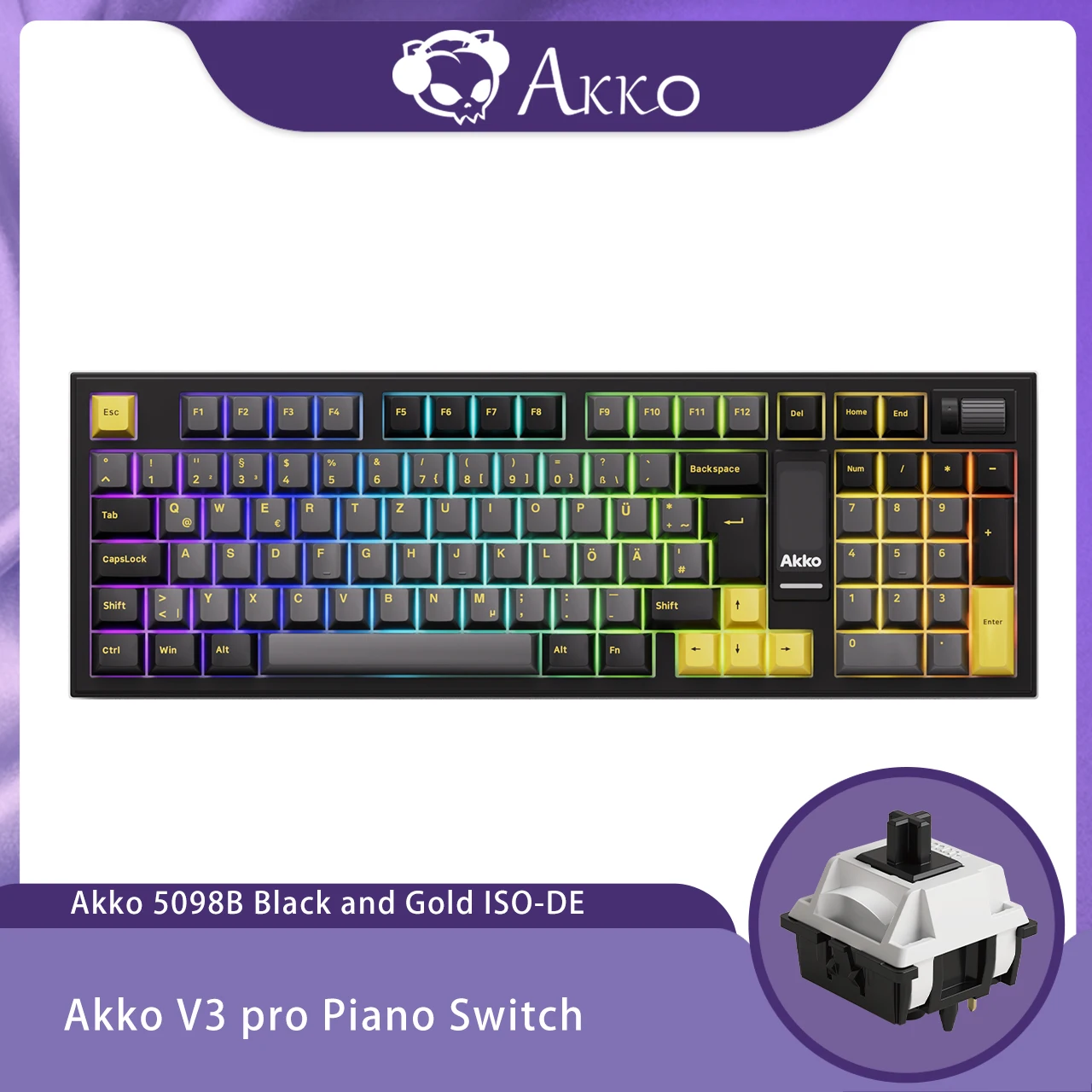 Akko 5098B Kabellose mechanische Gaming-Tastatur in Schwarz und Gold mit TFT-Bildschirm, vertikalem Knopf, 96 Tasten, Hot-Swap-fähige RGB-Gaming-Dichtung mit Hintergrundbeleuchtung