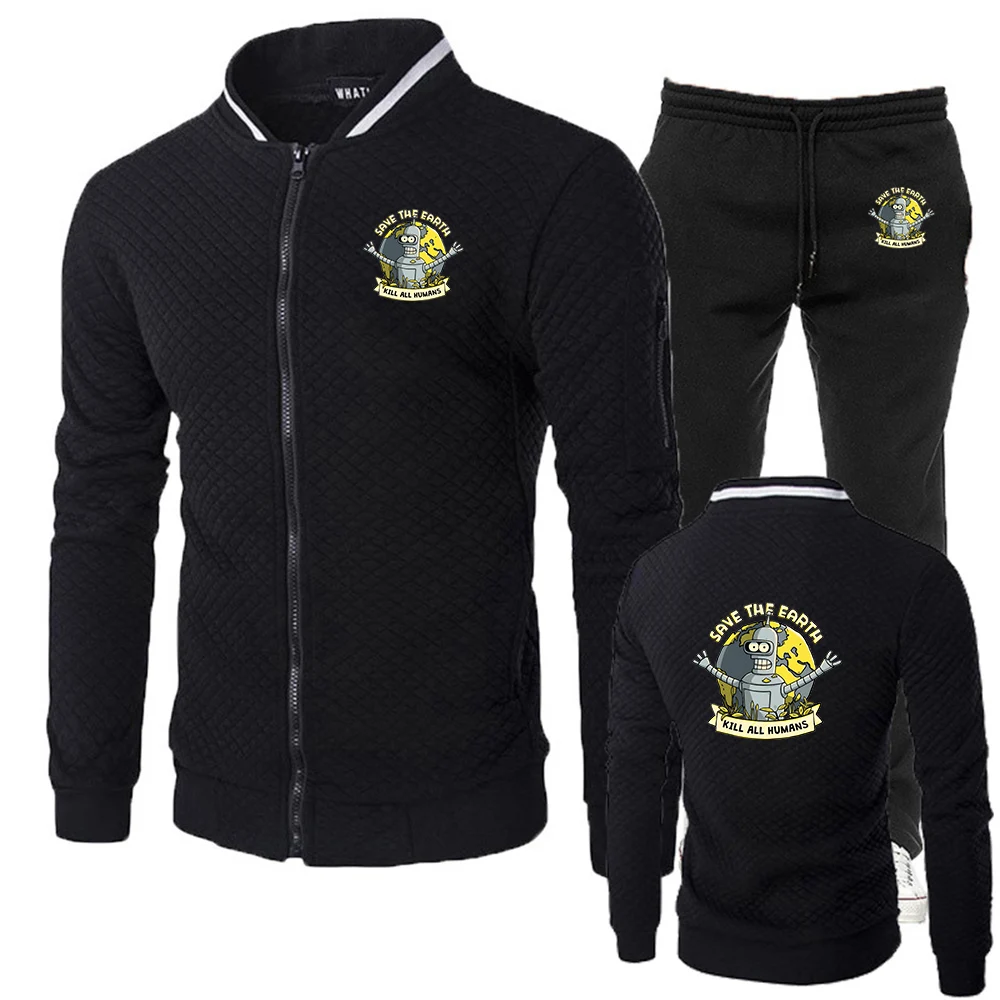 

2025 Spring And Autumn Man's Save the Planet Kill All Humans Graphic Logo Print Premium Feel Slim Zipper Hoodies Pants Suits