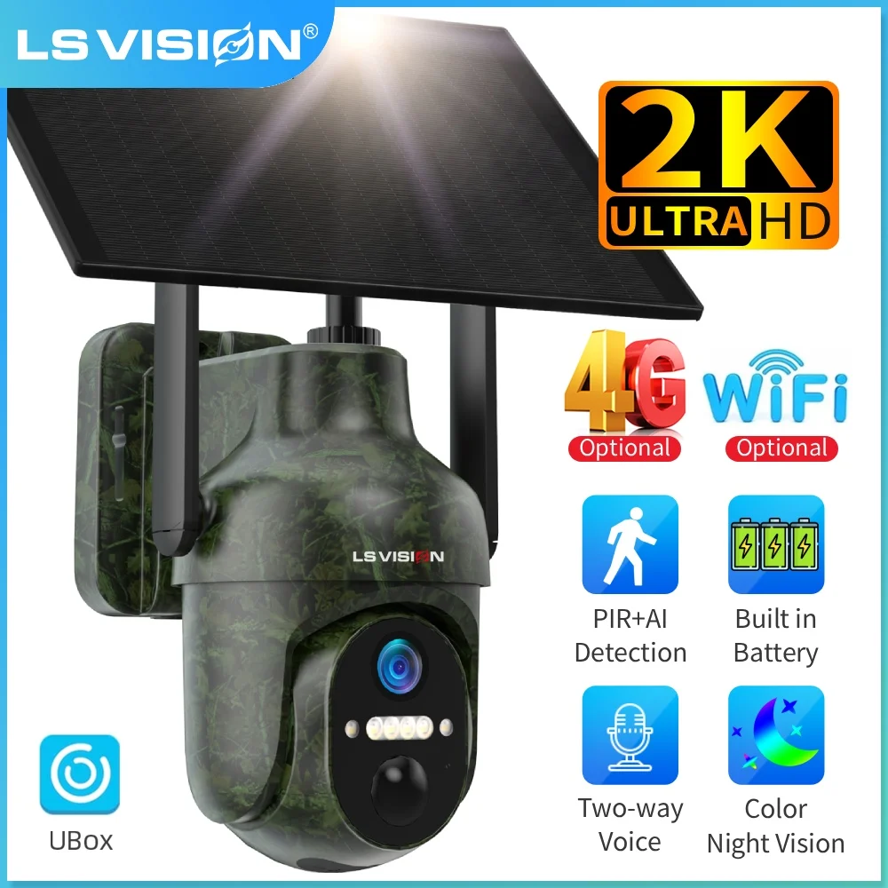 LS VISION 4MP UBOX 4G SIM Solar Security Camera WiFi Outdoor Cam Human/Animal Detection Cctv Waterproof Wildlife Hunting Camera