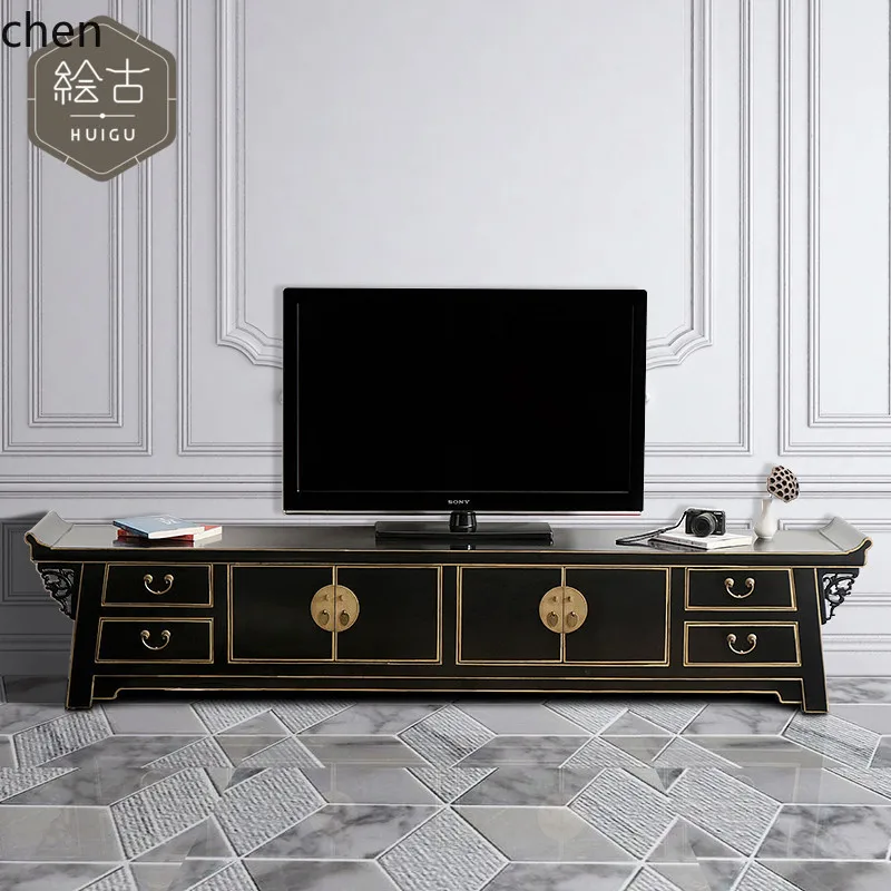 YFY  Solid Wood Living Room TV Cabinet Elm Black Lacquer Storage Low Cabinet Complete Furniture