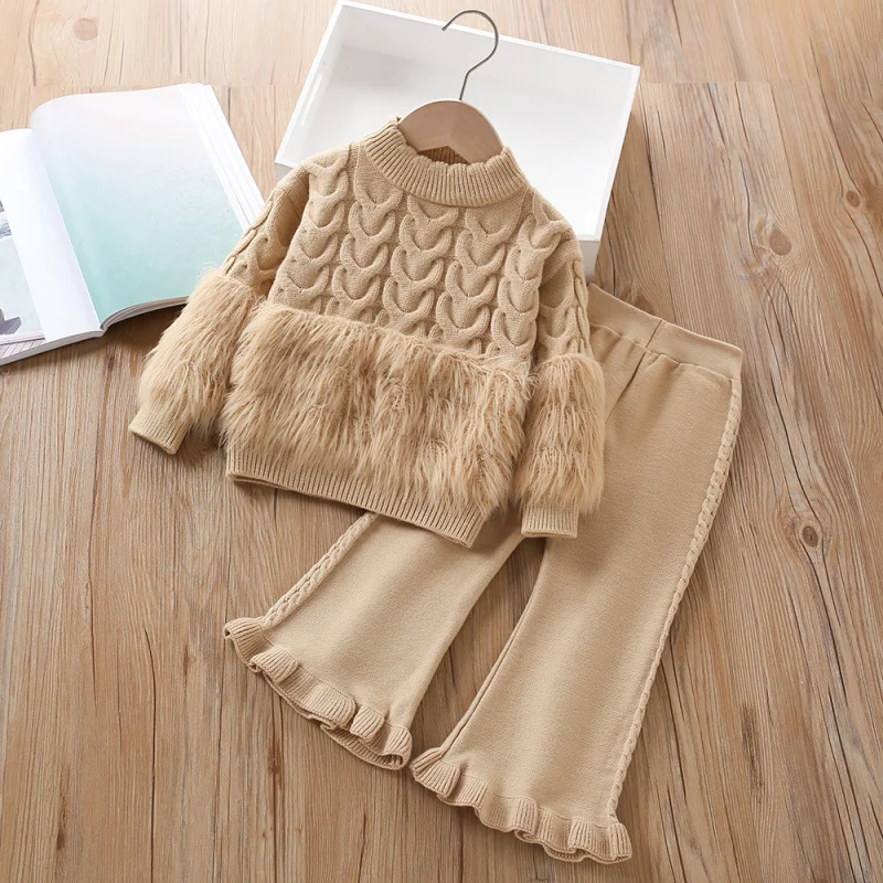 

Girls Sweater Set Autumn Winter New Fashionable Solid Color Braided Knitted Long Sleeve Pants Two-Piece Set