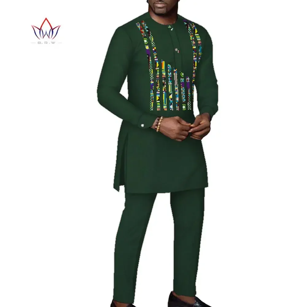 BintaRealWax Africa Style Men 2 Pieces Sets Bazin Riche Plus Size African Clothes Casual Men Top Robe and Pants Set WYN1325