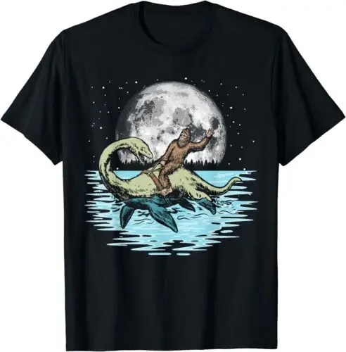  Funny Bigfoot Riding Nessie Loch Ness Monster & Full Moon T-Shirt