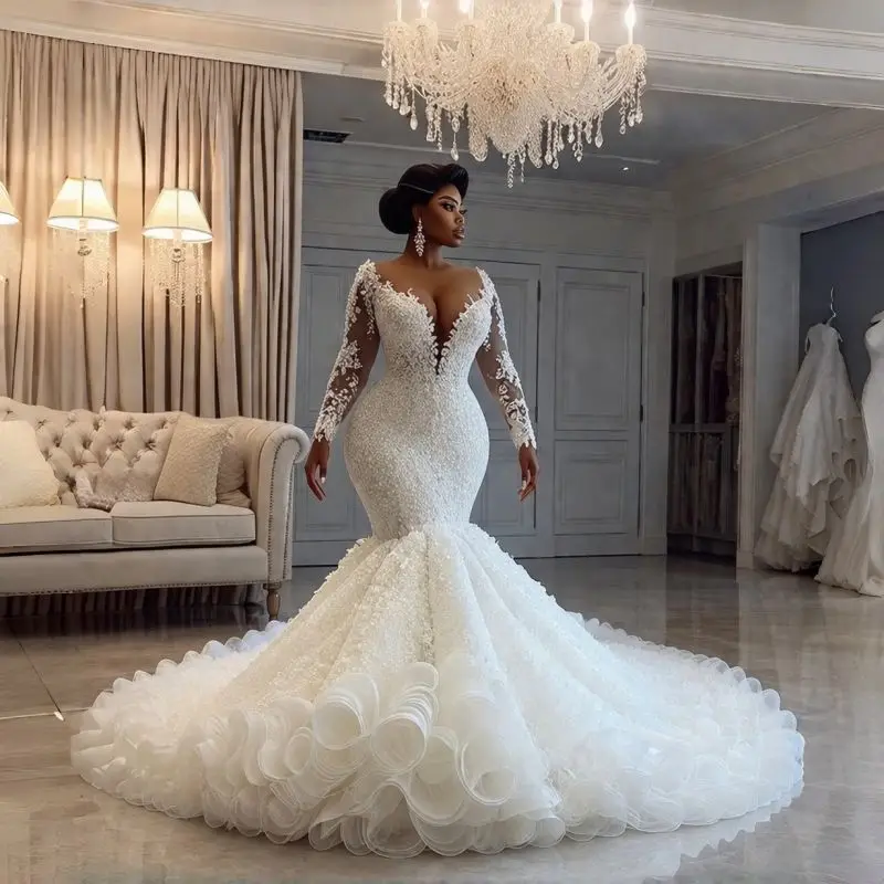 

Customized Sheer Neck Sparkly Beads Appliques Wedding Dress Vestido De Noiva Long Sleeves Illusion Buttons Back Bridal Gowns