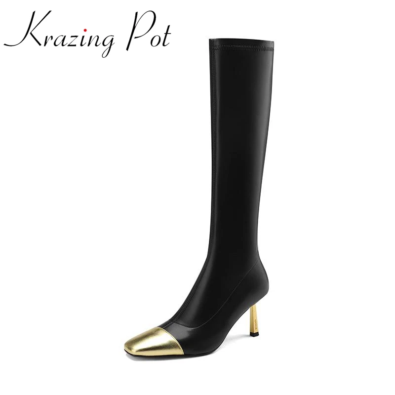 

Krazing Pot Cow Leather Square Toe High Heels Riding Boots Mixed Colors Modern Metal Decoration Thin Leg Zip Thigh High Boots