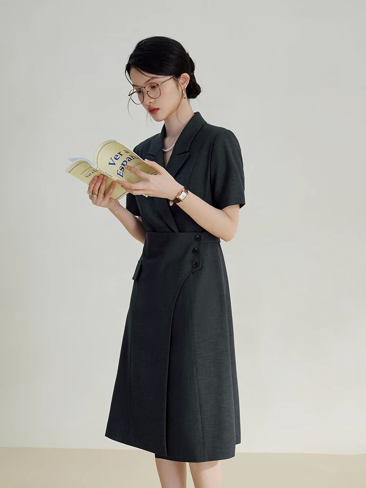 ZIQIAO 【Long Short Dress】Women Grey Summer Knee-Length Suit Dress Notched Collar Front Shoulder Office Lady Twill Dresses