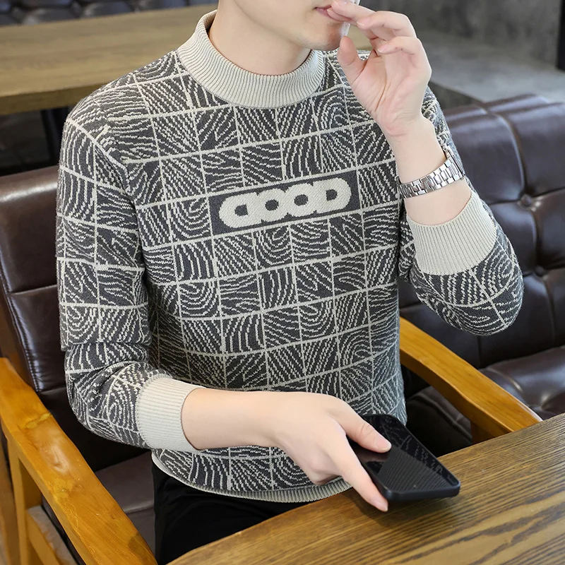 Mens Fleece Sweater Fashion Knitwear Thickened Pullover Fleece Lined Autumn Winter O Neck Jumpers