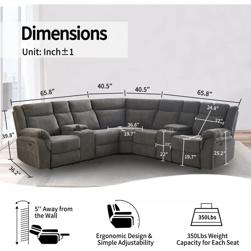 Reclining sectional sofa set, premium fabric recliner couch with USB port/console storage/cup holders home theater sectiona