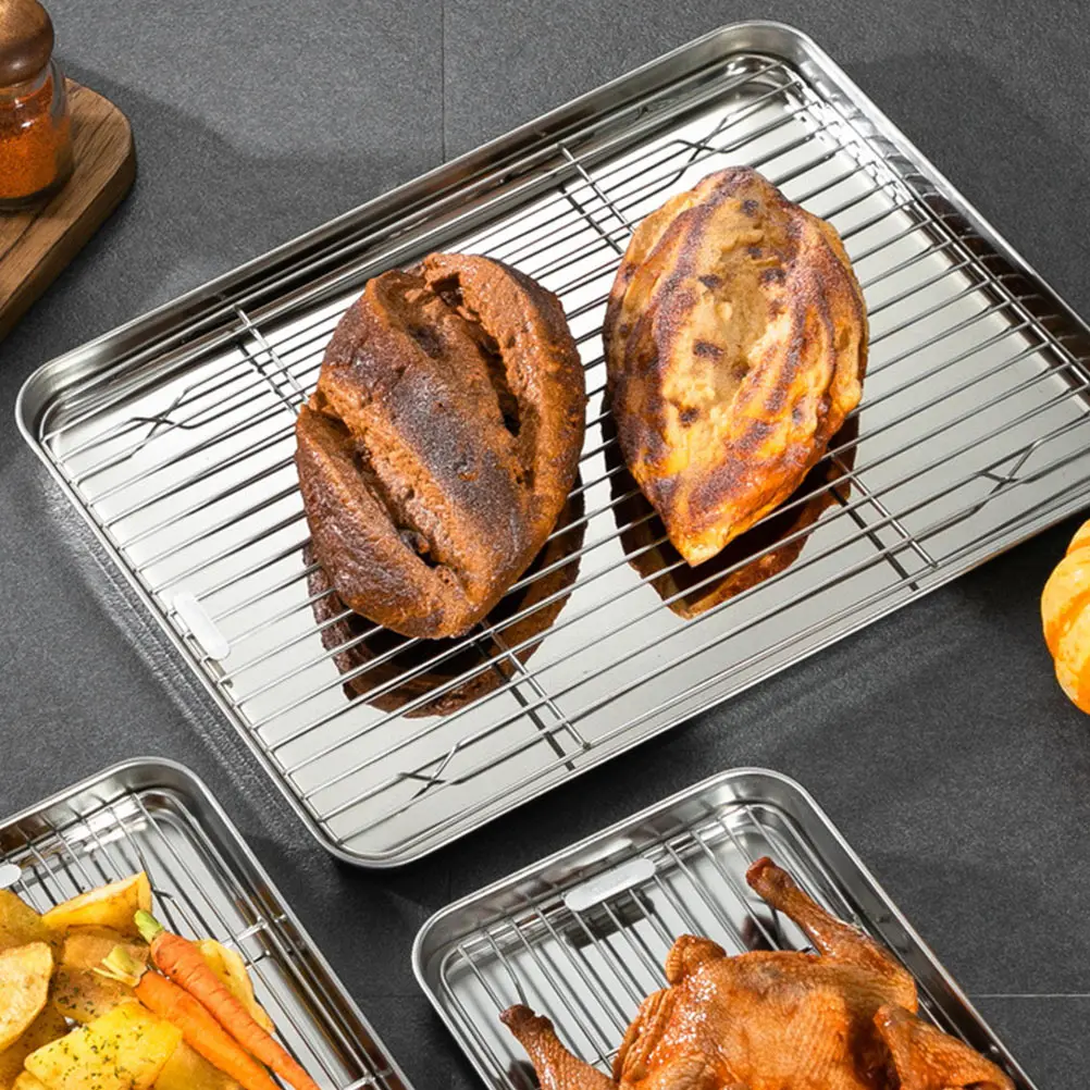 

1Set Stainless Steel Baking Tray with Rack Premium Roasting Pan for Chicken Beef Fish Vegetables Oven Baking Sheet with