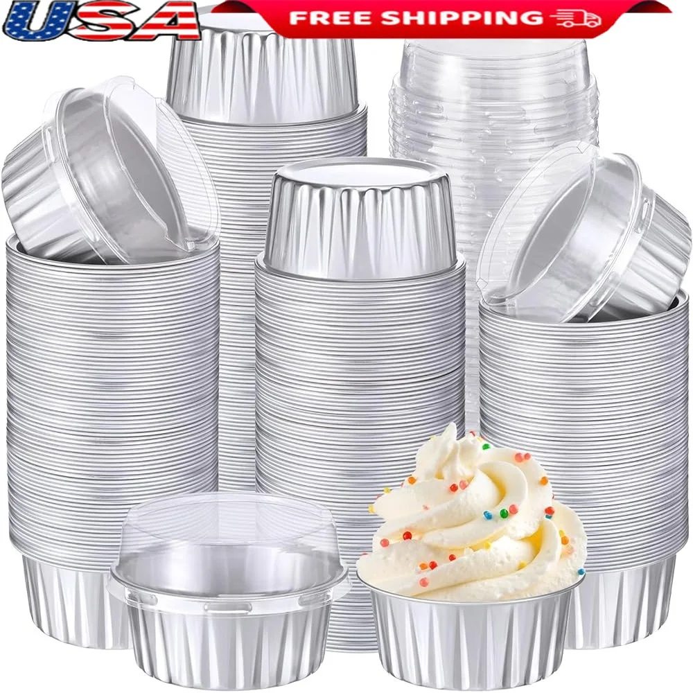 

400 Pcs Aluminum Foil Baking Cups with Lids 5 oz Disposable Ramekins Mini Cake Pans Creme Brulee Cupcake Liners Muffin Tins Flan