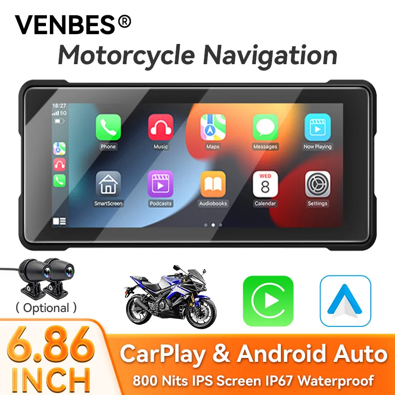 

VENBES Motorcycle Carplay 6.86 Inch Portable GPS Screen IP67 Wireless Carplay Android Auto Motorcycle Navigation Waterproof
