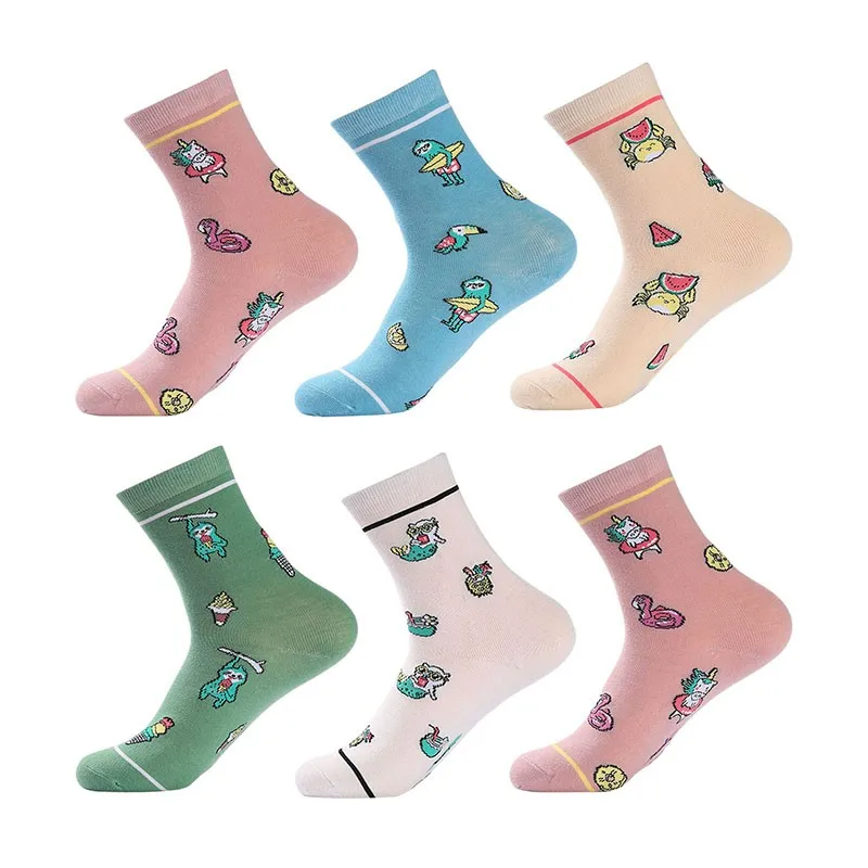 Calcetines de algodón con estampado de animales divertidos Kawaii para mujer, calcetines deportivos originales simples personalizados, calcetines de tubo medio para mujer X122