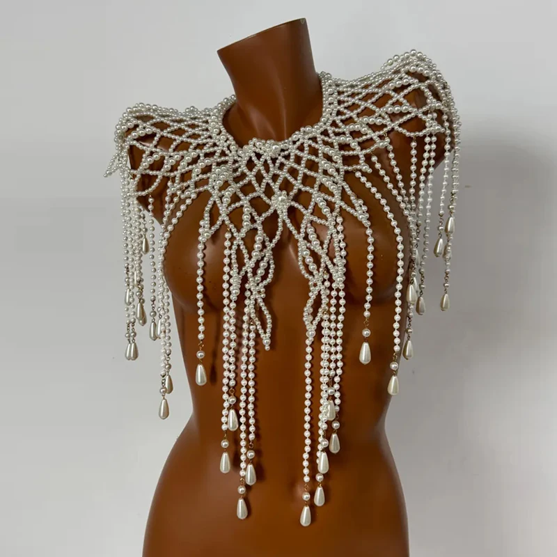 Vintage Damen Perlen-Körperkette, Schal mit Quasten, Perlenbesetzter Schulterumhang für Hochzeit, Brautparty, Abendkleid, Schmuck – Detail 3