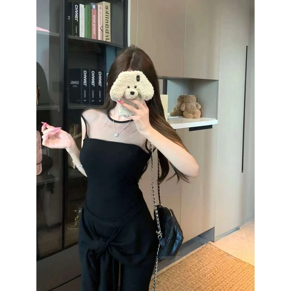 Women's Short Sleeve T-Shirt Black Summer Outfit Casual Pants Two Piece Set Lace Patchwork Slim Fit Tie Waist Bell Bottoms