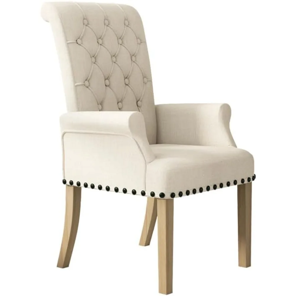 Upholstered Dining Chairs with Arms, Tufted High-Back Fabric with Nailed Trim, Solid Wood Legs and Padded Seat for Kitchen