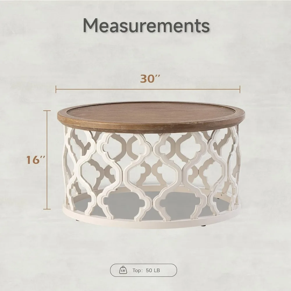 Farmhouse Coffee Table, Distressed Tray Top Table with Curved Motif Frame Base for Boho, Rustic, French Country Decor, Round, Wh