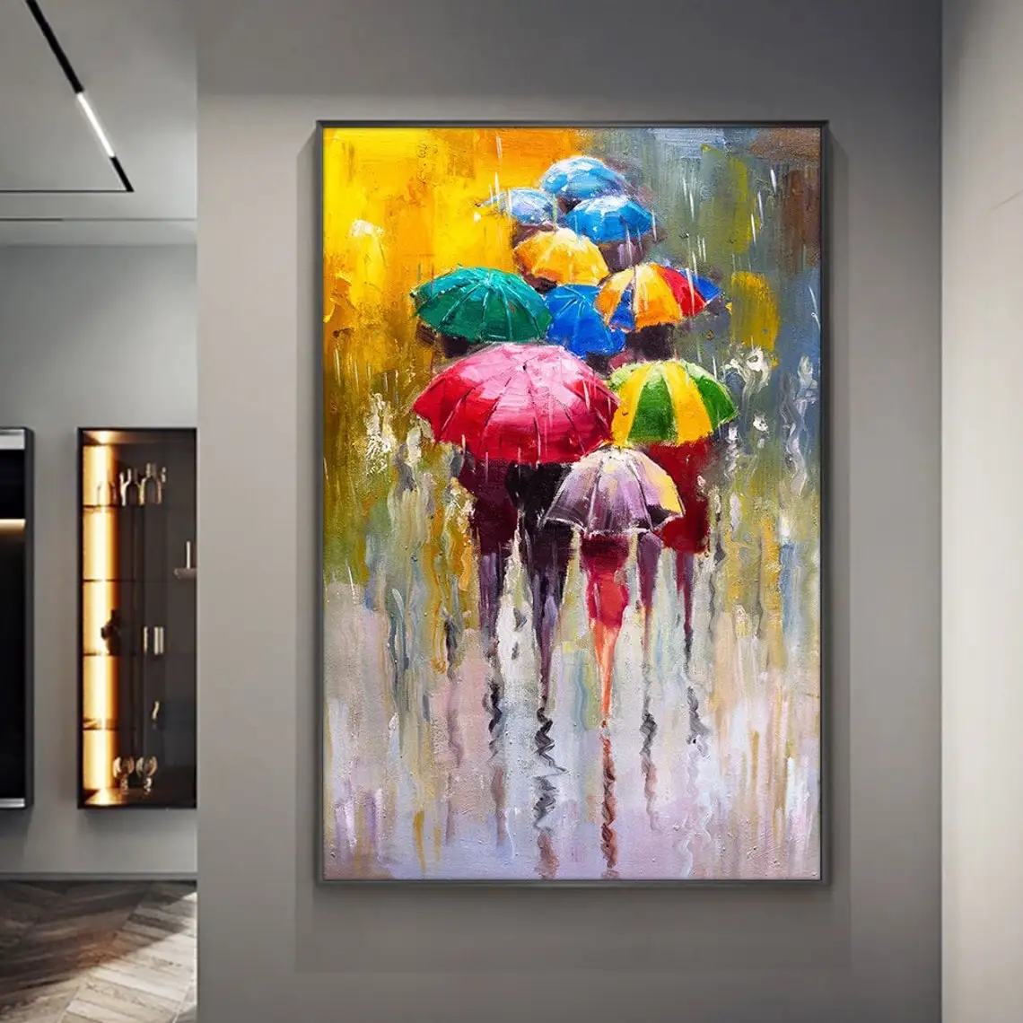 Hand Painted Oil Painting On Canvas Abstract People In The Rain Large Wall Art Coffee Shop Hotel Home Living Room Decoration Art