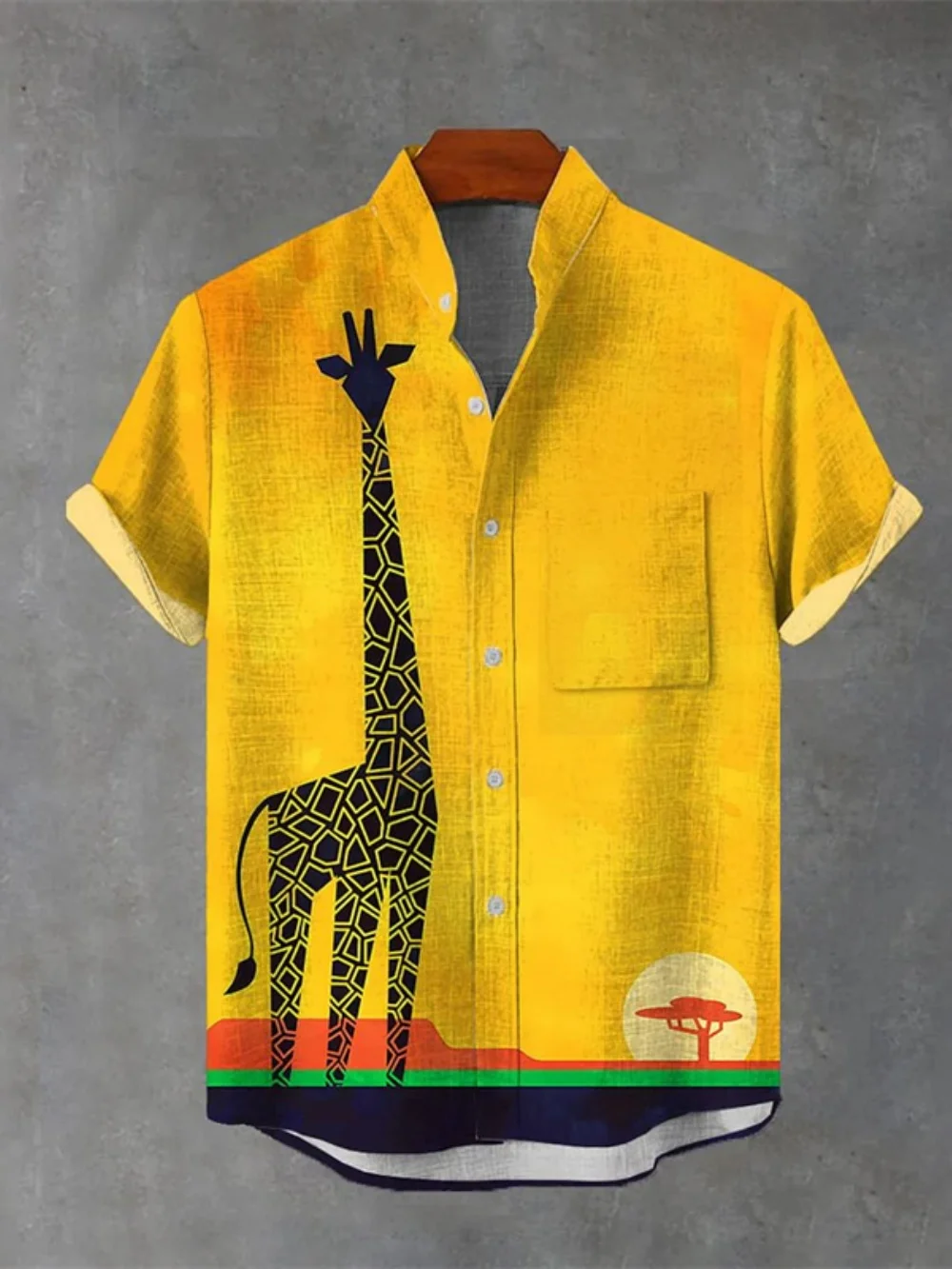 

Мужская модная льняная рубашка с воротником-стойкой и коротким рукавом, кардиган на пуговицах, гавайская пляжная рубашка с карманами и принтом