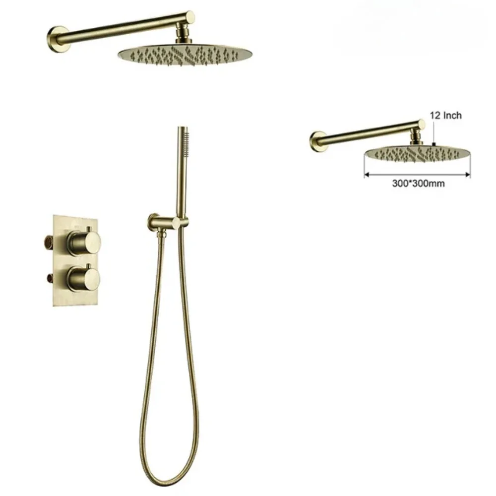 

Термостатический смеситель для душа из матового золота, настенный смеситель для ванной комнаты, ручной смеситель с переключателем и тропическим душем 8-12 дюймов