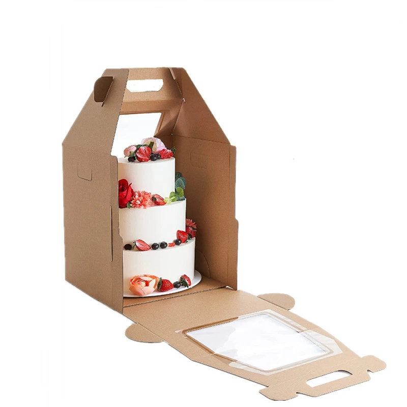 Portable Cake Packaging Box with Handle, Window Open, High and Hard, Two Layer Cake Corrugated Box, Birthday Cake, 14Inch