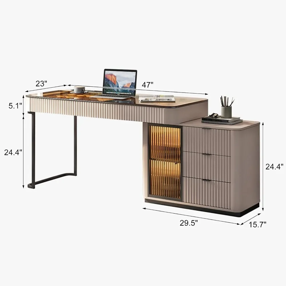Computer Desk with Five Large Storage Drawers, Compartmentalized Storage, Built-in LED Lights, Home Telescopic Writing