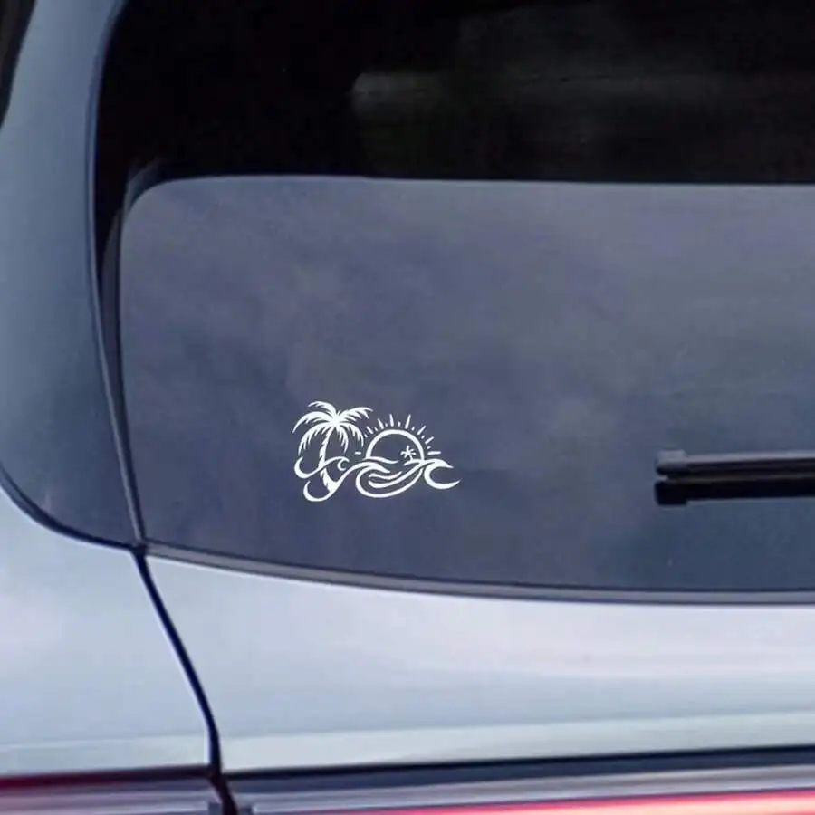Palm Tree And Wave Pattern Car Rearview Mirror Sticker, Suitable For Water Bottles, Laptops, Refrigerators, Windows, Car Decor