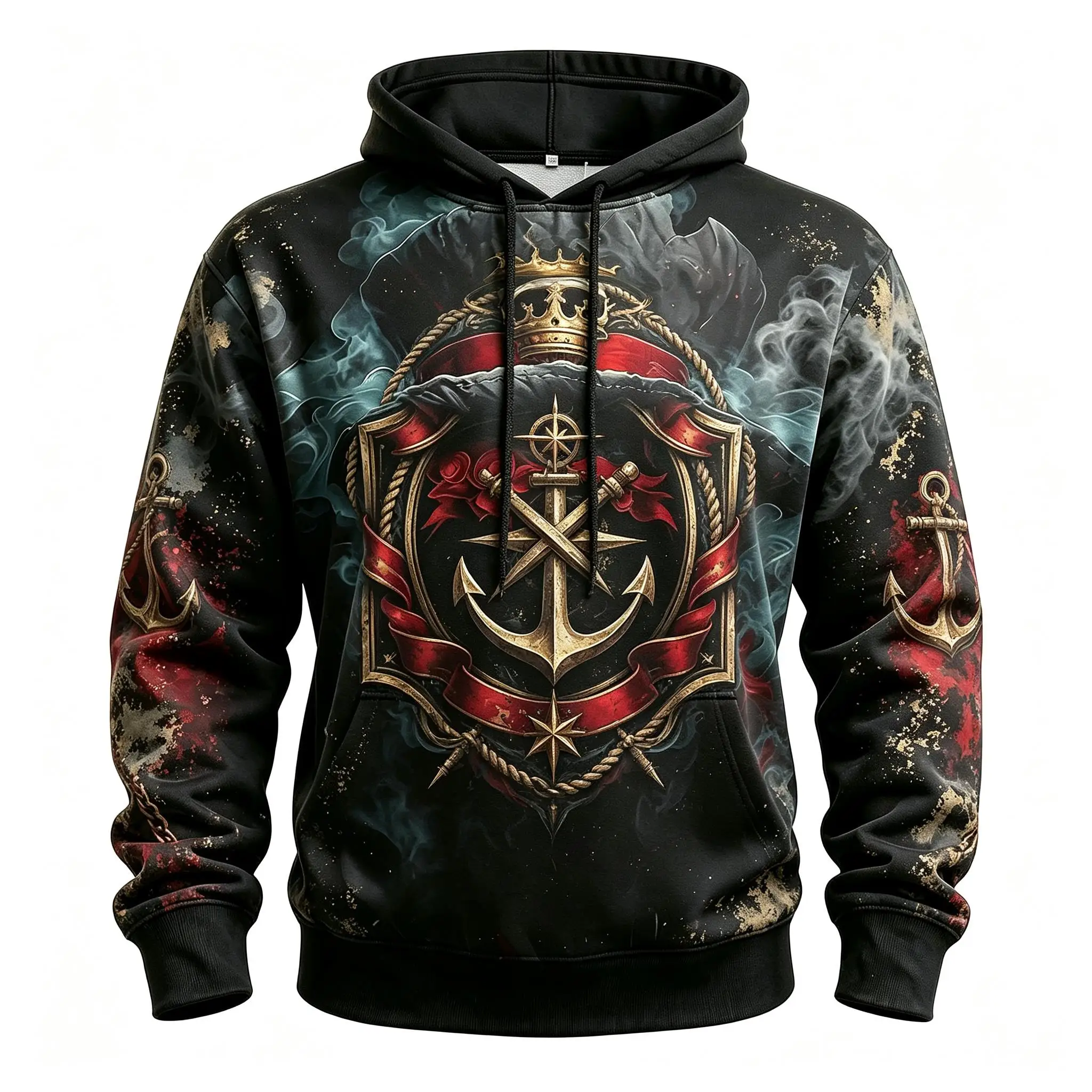 Men's Vintage Pirate Ship Ocean Compass Treasure Map Full Print Hoodie Gothic Long Sleeve Pullover Sweatshirt For Cosplay Party
