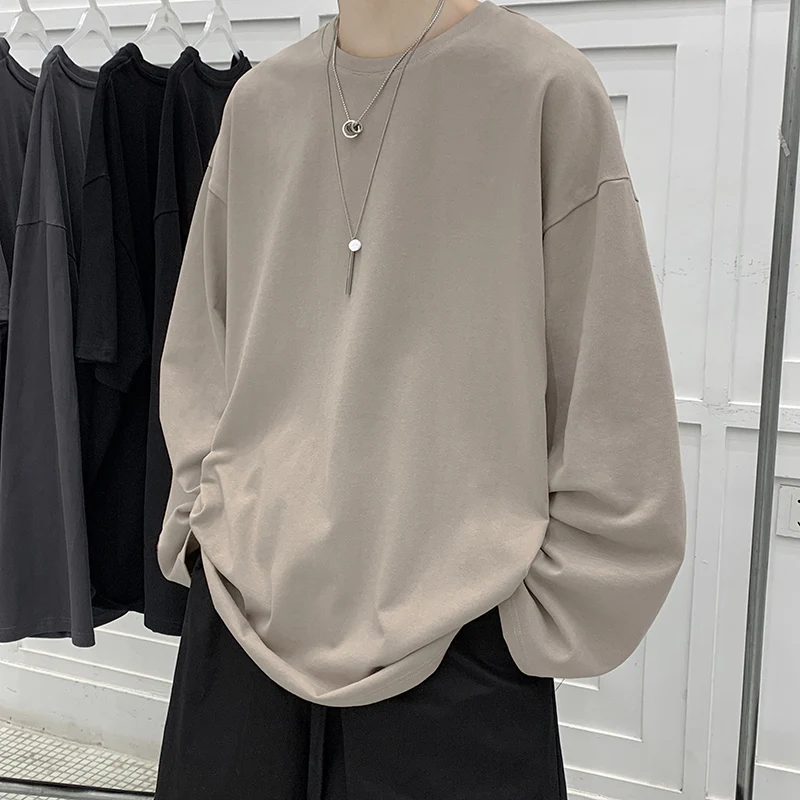 High Qualtity Oversized T-shirt for Men Long Sleeve Tee Cotton Solid Color Trend Leisure Black Grey White Korean Fashion T Shirt