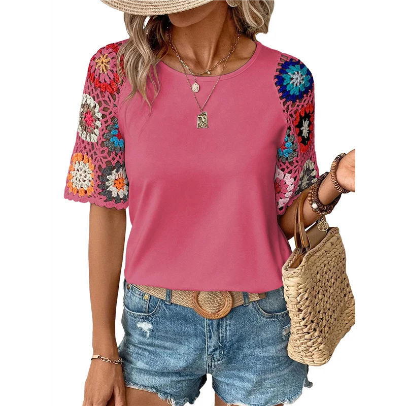 ABRT-Womens Shirts Floral Crochet Short Sleeve Crewneck Shirt Casual Pullover Blouse Summer Tops
