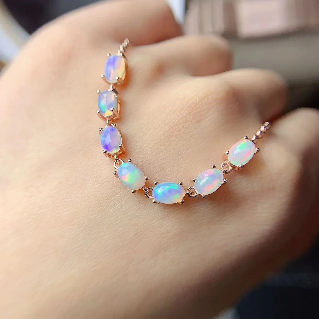 925 Sterling Silver Natural Opal Simple Bracelet Colorful Stone Bracelet Women\'s Fine Wedding Jewelry 4*6mm 7 Pieces