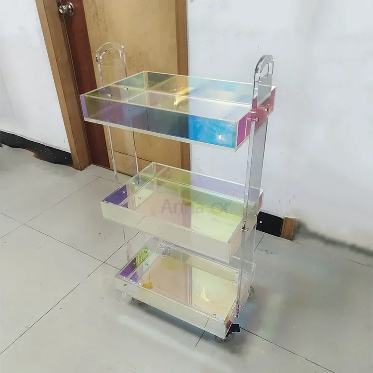 Hot sales Hotel furniture luggage housekeeping cleaning room service rainbow acrylic trolley Bar Cart Acrylic Hotel Trolley