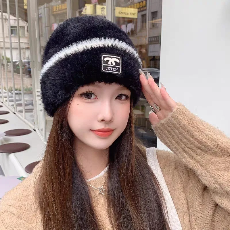 Winter Hats for Women\'s Solid Color Wool Striped Thickened Warm Knitted Beanie Fashionable Outdoor Girls Casual Pullover Hat