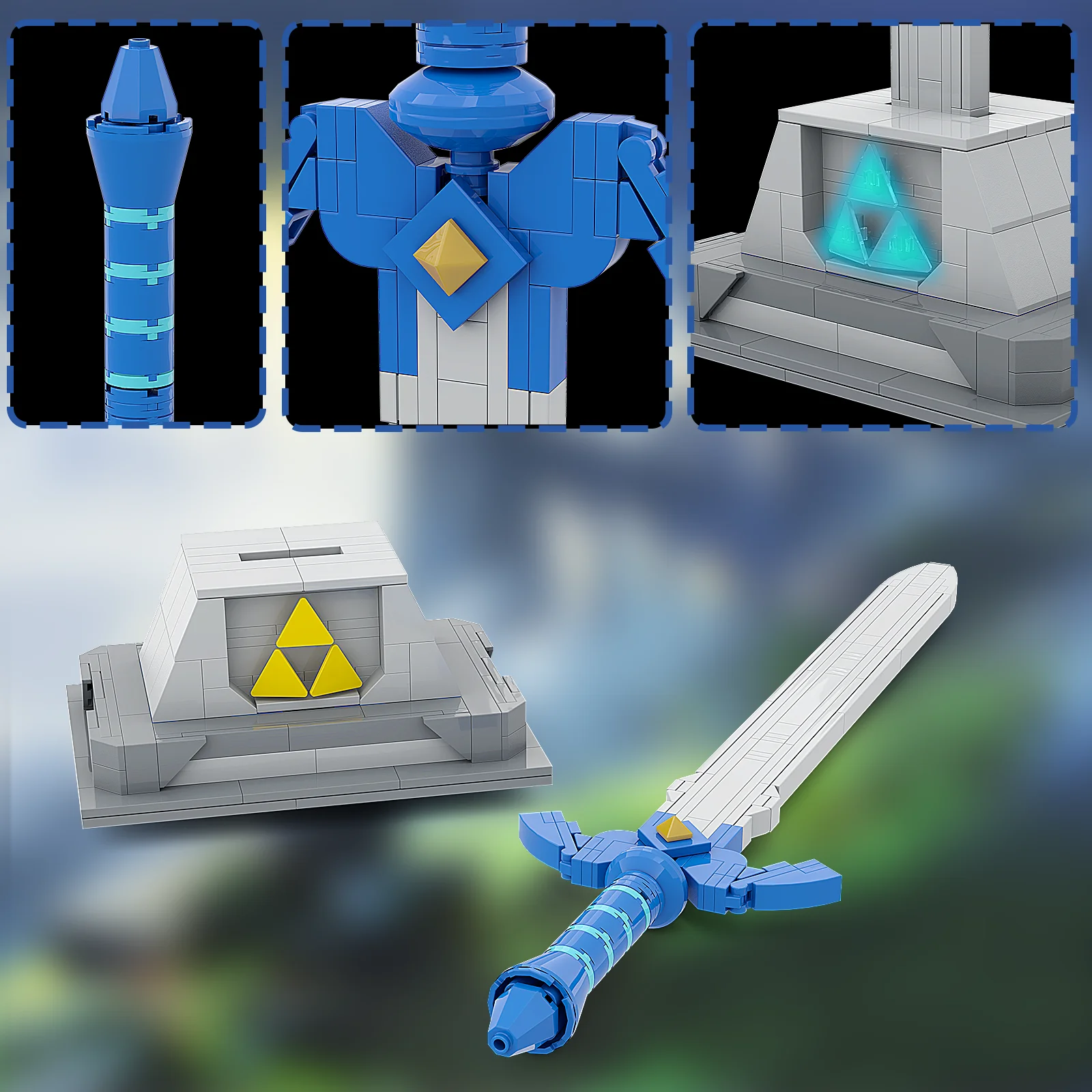 The Master Sword Building Blocks Set with Luminous Tri-Force，Micro Hyrule Building Blocks Set, BOTW Decorations Gifts for Kids