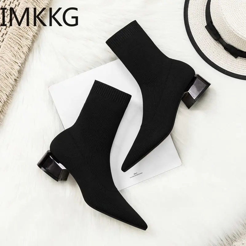 2020 Brand Women Warm Winter Boots Women\'s Mid High-Heeled Pointed Short Knitted Socks Boots Thick Heel Black Booties