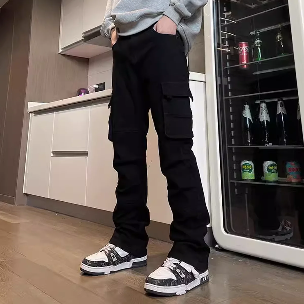 

American Sle Casual Pants Men's Loose Fit Elastic Waist Multi-ket Straight Leg Spor Bla Long Trousers Autumn 2025