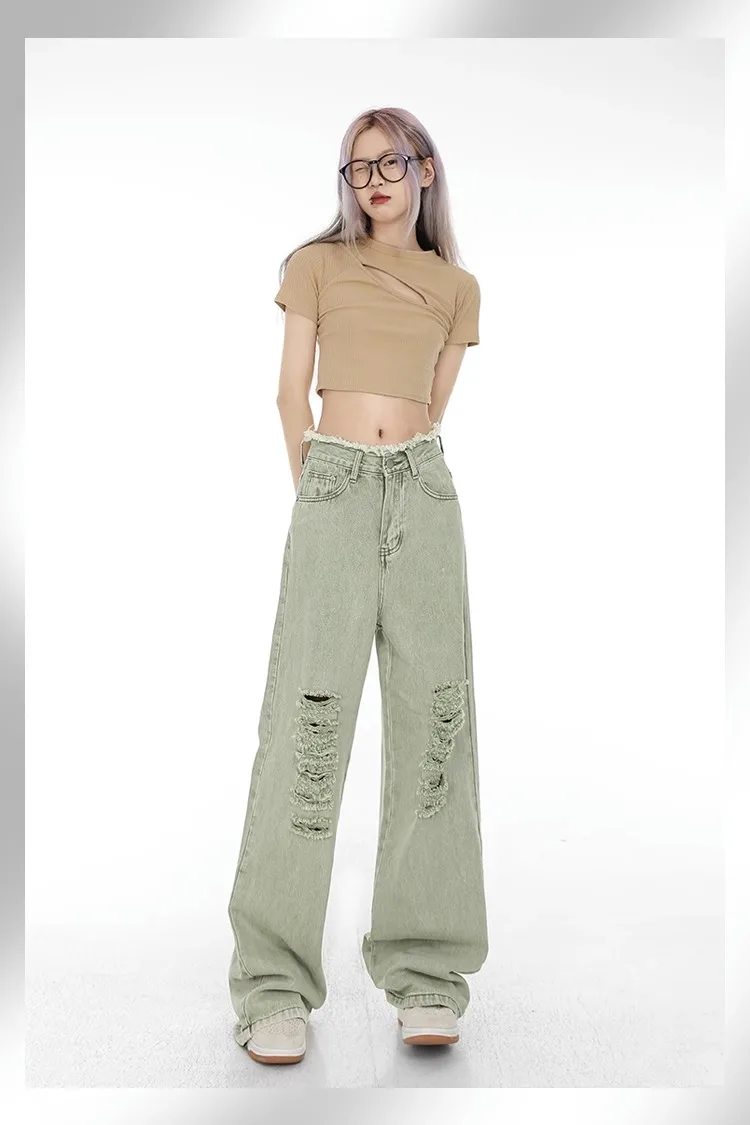 2023 Light Green Harajuku High Waist Vintage Y2K Loose Jeans Pants For Women Retro Wide Leg Tie Dye Baggy Ripped Denim Trouser