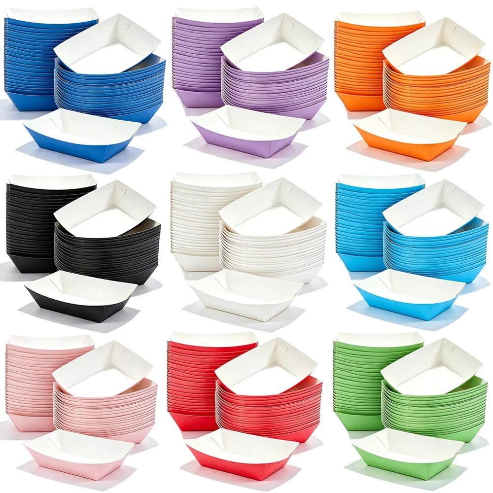 10-150pcs Disposable Solid Color Paper Food Trays Snack Boat Shaped Box Tray Birthday Party Baby Shower Wedding Decor Supplies