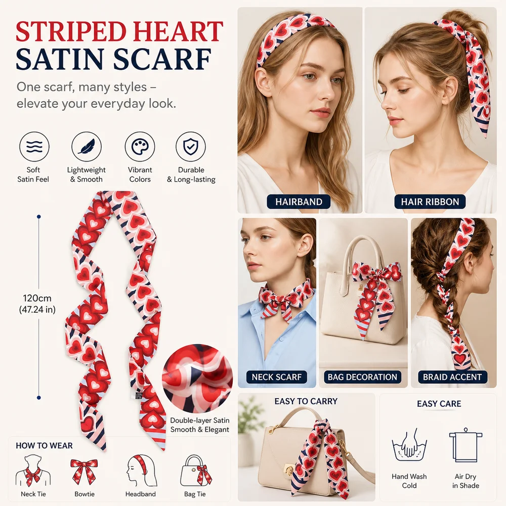 New Striped Slender Scarf Heart Pattern 120cm Length Neck Scarf Small Double Layer Headscarf Neck Styling