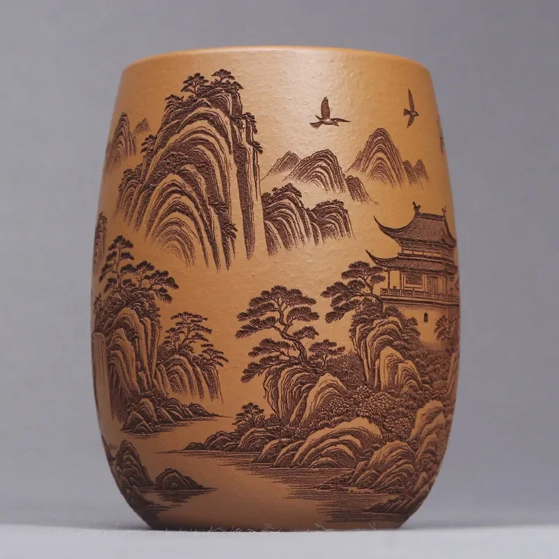 Yixing purple sand tea cup raw ore yellow section mud engraving and painting Fengsheng water tea cup